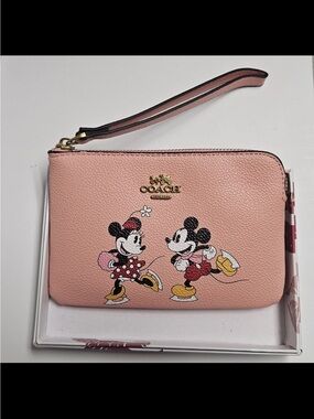 Coach Pink Mickey & Minnie Wristlet with Gold Logo